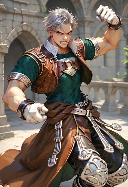 score_9, score_8_up, score_7_up, male focus, toned male, natgra2, gray eyes, short hair, silver hair, steel greaves, plated footwear, brown skirt, black pants, green shirt, brown leather vest, silver belts, white gloves, silver chest plate, dynamic pose, angry, teeth, full body view