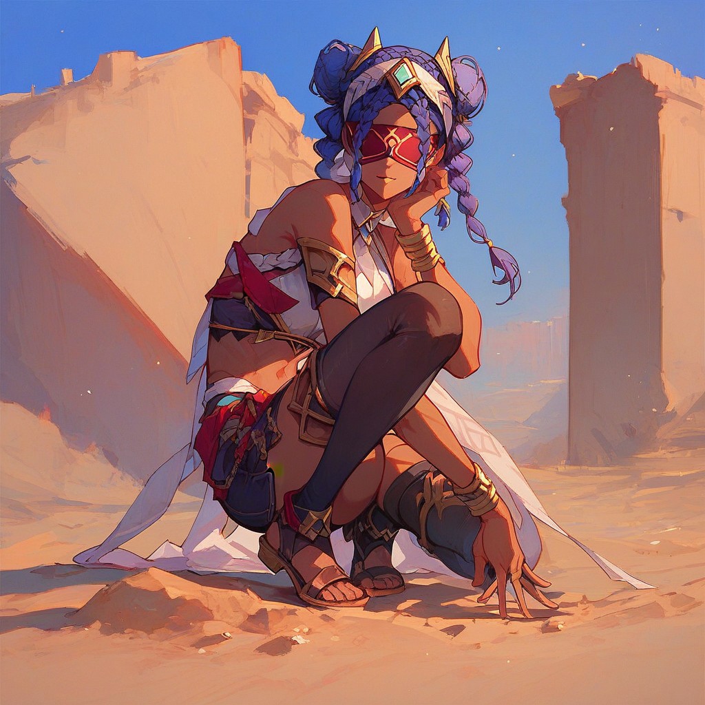 score_9, score_8_up, score_7_up, score_6_up, 1 girl, solo, dark-skinned female, desert, braid, yellow eyes, double bun, outdoors, blue background, eye mask, blindfold, thighhighs, full body