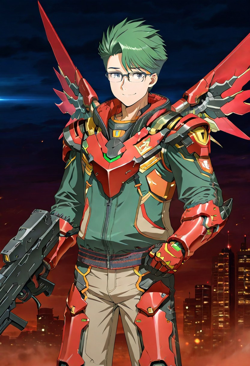 gb4_tao, green hair, short hair, grey eyes, 1boy, solo, male focus, glasses, lean body, wear mecha armor with eagle mecha wings, red mecha armor theme, fly toward the viewer, fight pose, high quality,  armaments equipped in the armor,  score_9, futuristic city in the background, BREAK, his right hand is holding beam rifle, high quality, best quality, masterpiece, detailed draw,detailed eyes, detailed face
