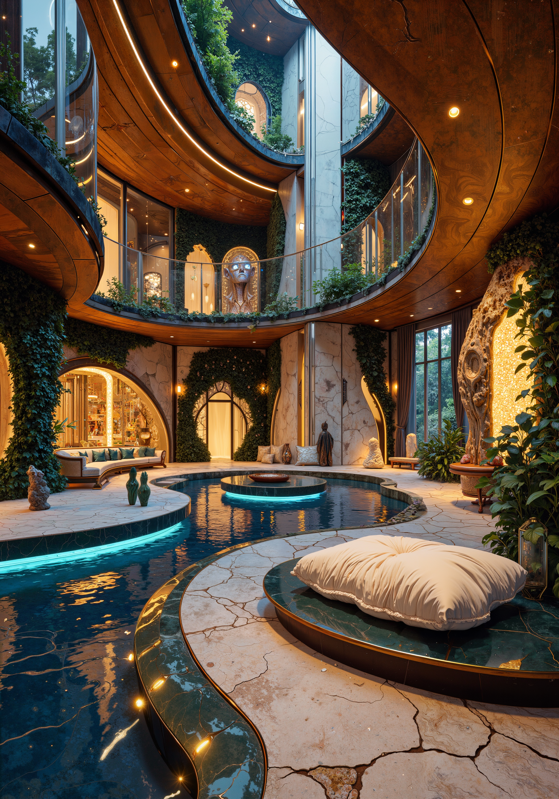 A lavish hybrid interior of a mid-sized house, where futuristic panels meld with organic wood textures and fantasy crystal accents. Sleek sci-fi glass surfaces interlace with natural stone, exuding an eco-friendly charm. Ethereal lighting infuses warm glows over plush, luminescent cushions and artisan-crafted sculptures. Intricate mosaics and radiant ambient occlusion create a mystical balance, while surreal foliage walls and delicate metallic details evoke an alien, otherworldly ambiance. The spatial composition, masterfully arranged, reflects innovative decor with cozy nooks and expansive vistas. Glimmering accents, layered textures, and refined technical precision define this 8k masterpiece interior, blending enchanted natural realism with visionary sci-fi aesthetics in an immersive sanctuary of timeless creative energy. <lora:RM_Animefy_v1.0M:0.3> <lora:reedy-art-style:0.2> <lora:ArtNouveau2Flux:0.4> <lora:RM_JamesJean_v0.5:0.4> <lora:flux_dev:1>