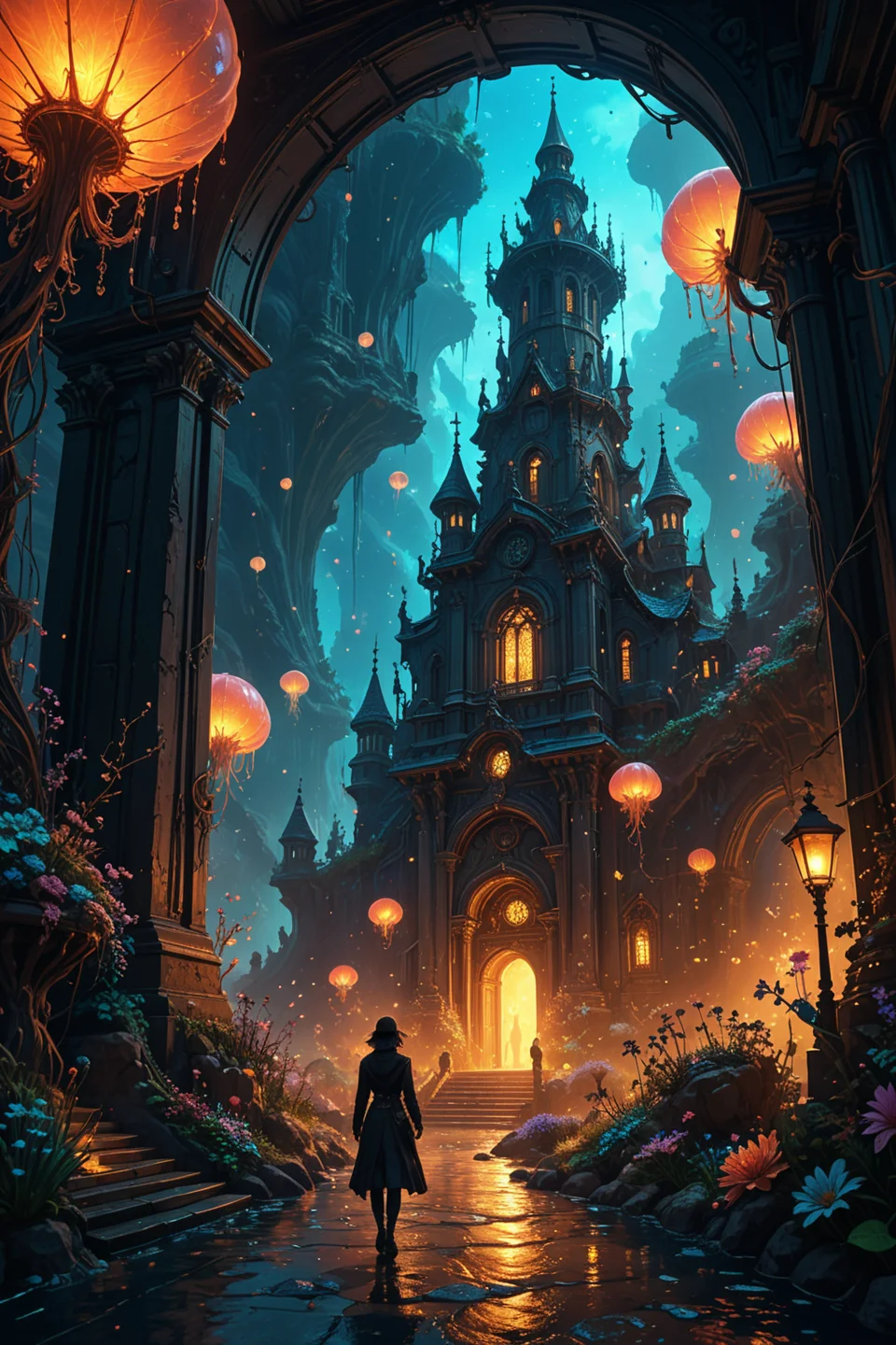 hyperrealistic art ultra-detailed digital painting, cinematic lighting, 8k resolution,
<lora:add-detail-xl:0.7>,
<lora:detailed_notrigger:0.7>,
 <lora:Flux-style-xl-lora:0.3> flux-style ,
<lora:IOS_Iridescent_opal_style:0.1>,
 <lora:linquivera:0.15> linquivera, liiv1, 
<lora:20230829-1693273691112:0.3>
a wanderer in black clothes fluttering in the wind, surreal landscape filled with bioluminescent vortex gates,
each portal reveals a radically different realm
alien desert with glass dunes and neon sandstorms,
underwater paradise with coral castles and bioluminescent jellyfish blooms,
steampunk city with brass gears and neon-gaslight streets,
intricate details: portals framed by bioluminescent floral patterns,
dynamic effects: prismatic light refraction between portals,
color palette: realms explode with bioluminescent turquoise and pearl,
background: multidimensional sky with shattered reality shards and floating light orbs, artstation trending, by james jean and loish, unreal engine 5 render, wide-angle lens, volumetric glow , . extremely high-resolution details, photographic, realism pushed to extreme, fine texture, incredibly lifelike