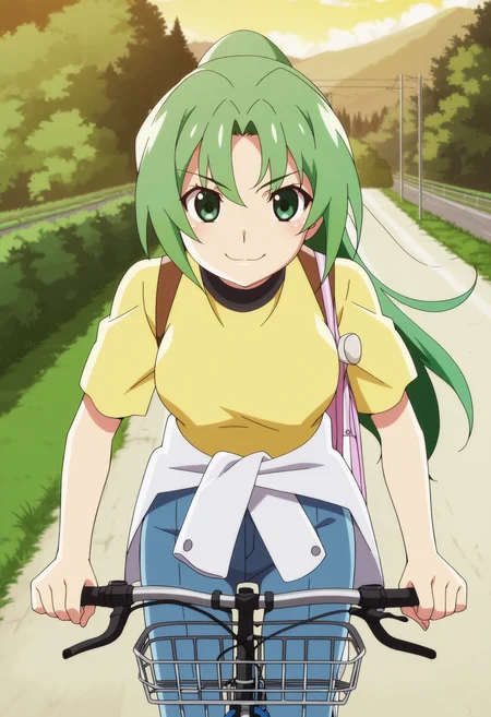anime screencap, anime coloring, detailed face, perfect fingers, masterpiece, best quality, very aesthetic, absurdres, volumetric lighting,
 <lora:Mion_Sonozaki_Higurashi_When_They_Cry_-_Gou_and_Sotsu:1>
outside,
Mion yellow shirt (outfit), Mion Sonozaki (character), bicycle, sonozaki mion, 1girl, bicycle basket, riding bicycle, green hair, solo, outdoors, shirt, green eyes, clothes around waist, smile, long hair, pants, serious face