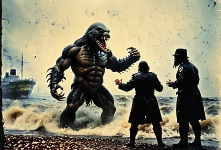 Godzilla fights with a krakn on the shore of Hamburg