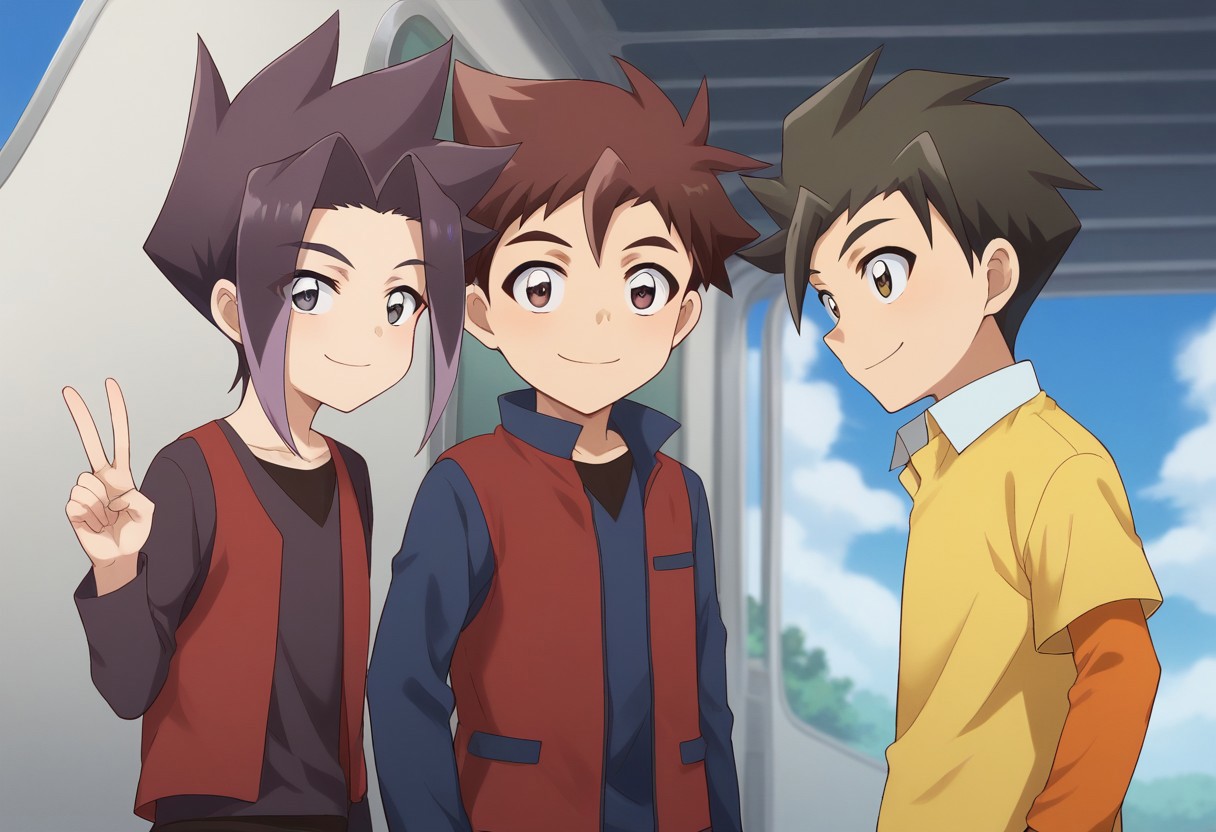 score_9, score_8_up, score_7_up, source_anime, highly detailed, 3boys,
hayato, 1boy, brown hair, male focus, brown eyes, spiked hair, shirt, white shirt, stripe, blue stripe, long sleeves, blue sleeves, BREAK
akita, 1boy, male focus, black hair, bangs, multicolored hair, purple hair, black shirt, grey eyes, crimson t-shirt, red vest, long sleeves, BREAK
tsuranuki, 1boy, male focus, shirt, pants, blue pants, brown eyes, spiked hair, long sleeves, yellow shirt, orange sleeves, collared shirt, BREAK
outdoor, train, shinkansen, sky,
posing for a photo, smile, v sign, friends,