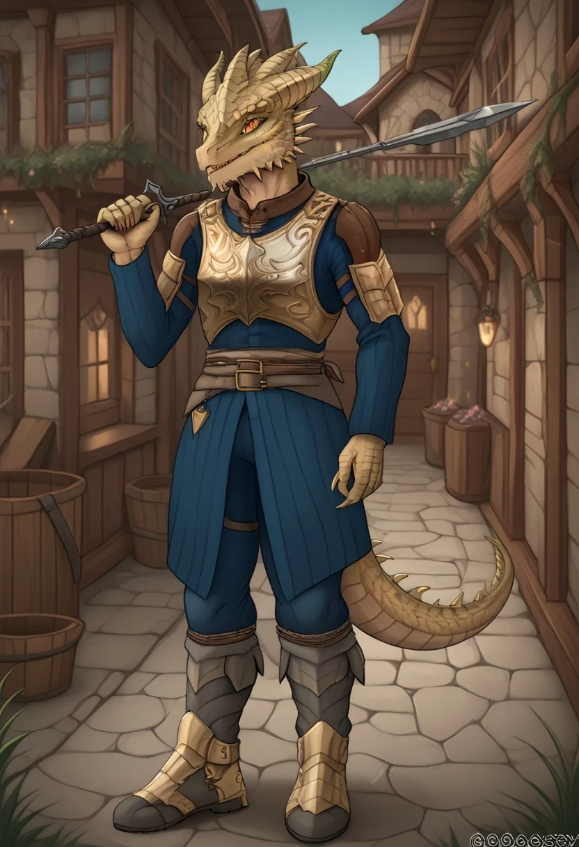 <lora:Xpray_-_Style:0.8> xpray (artist) BREAK, hetero, interspecies, (duo:1.2)
<lora:Exxvikyap_BG3-000001:1> exxvikyap, anthro dragonborn, gold_scales, large breast, armor, wielding spear, village, full body, <lora:Pony_QualityV4.0:1.12> zPDXLxxx, zPDXLrl, zPDXL3, <lora:Bing-based_FurScale_Enhancer:0.6>