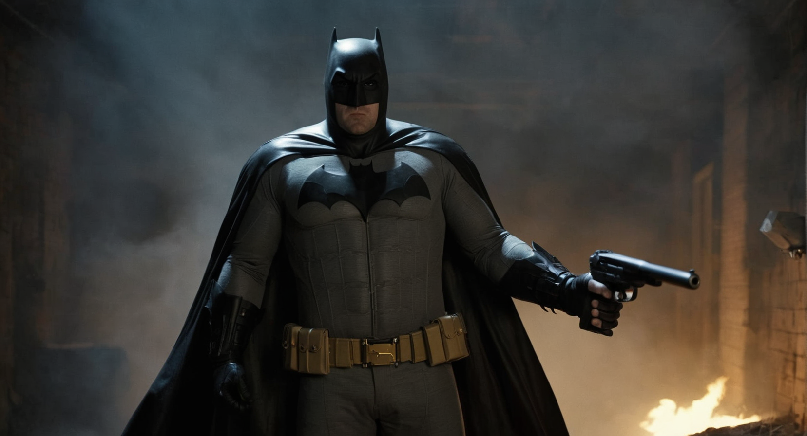 Conceptual Art of  Cinematic Film stock footage in (arri alexa style) Kodak film print,   <lora:batman:1> batman a man in a trench coat and batman mask holding a gun, concept art