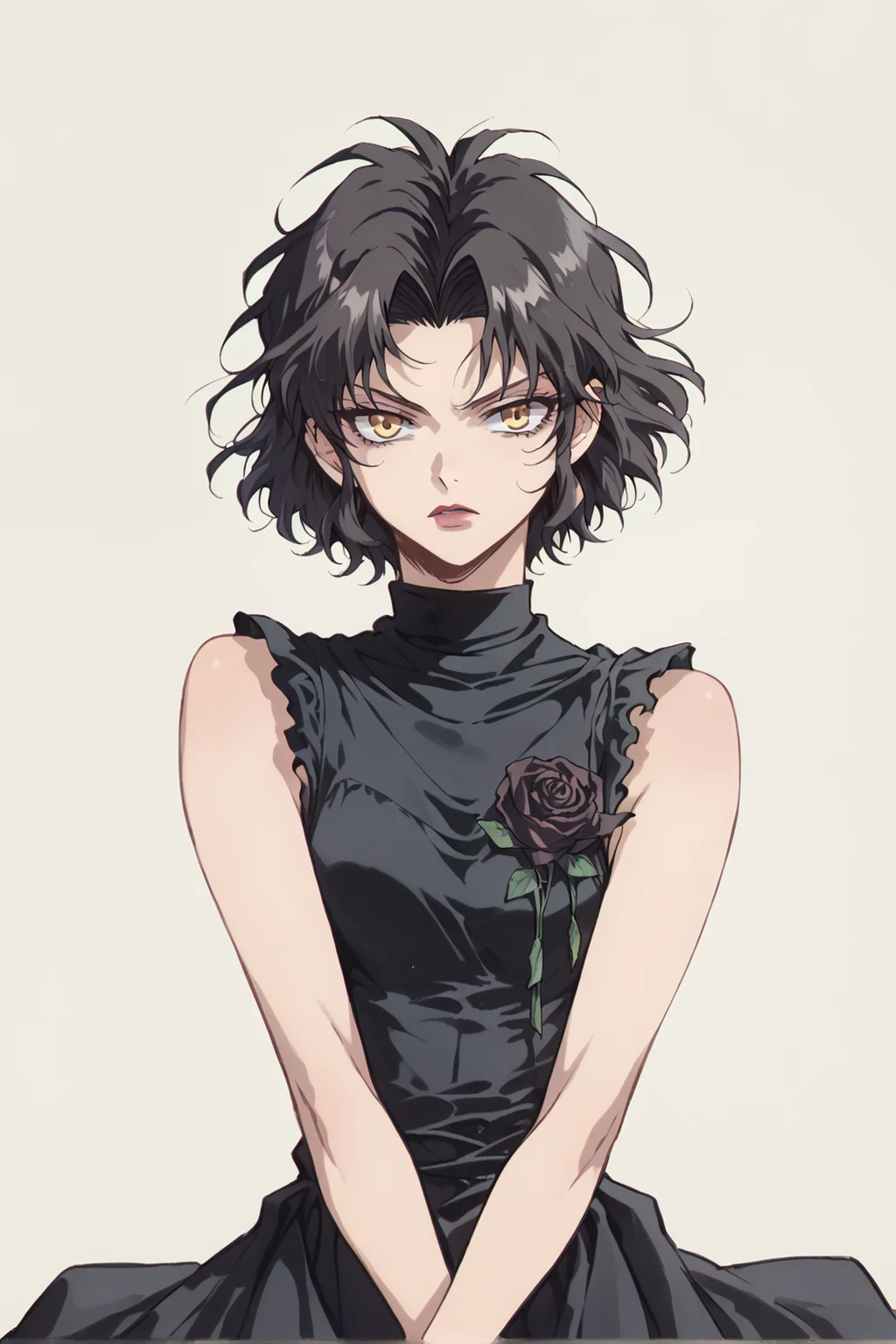 1girl, chane_laforet, chanedress, sleeveless, black dress, black rose, short hair, yellow eyes <lora:Chane Laforet Pony XL-000003:0.9>, <lora:OldAnimeStyle_XL_v3:0.75> Vintage, 1990s \(style\),, score_9, score_8_up, score_7_up,