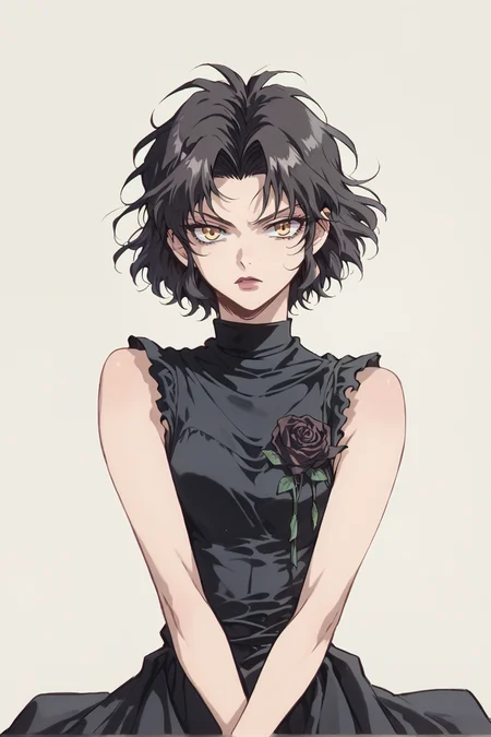 1girl, chane_laforet, chanedress, sleeveless, black dress, black rose, short hair, yellow eyes <lora:Chane Laforet Pony XL-000003:0.9>, <lora:OldAnimeStyle_XL_v3:0.75> Vintage, 1990s \(style\),, score_9, score_8_up, score_7_up,