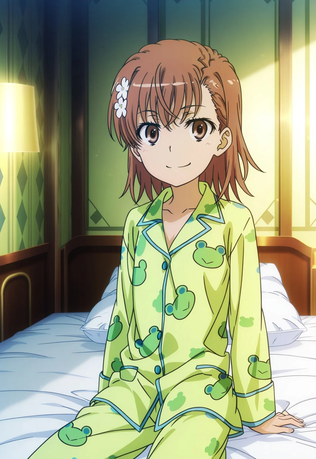 masterpiece, best quality, absurdres, highres, intricate details, very aesthetic, accurate art style, anime screencap, anime coloring, flat colors, official screencap, style parody, official art, proper proportions, extremely detailed, newest, 2025, BREAK, 1girl, misaka mikoto, short hair, brown hair, hair ornament, hair flower, pajamas, green pajamas, frog print, animal print, BREAK, smile, sitting on bed, BREAK, detailed background, indoors, bedroom, BREAK, cowboy shot, BREAK, vibrant colors, bloom, vignette, cinematic lighting, 75% soft lighting, 25% dark lighting