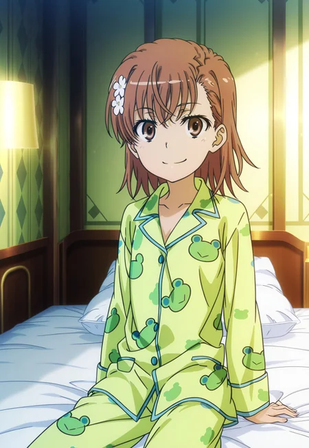 masterpiece, best quality, absurdres, highres, intricate details, very aesthetic, accurate art style, anime screencap, anime coloring, flat colors, official screencap, style parody, official art, proper proportions, extremely detailed, newest, 2025, BREAK, 1girl, misaka mikoto, short hair, brown hair, hair ornament, hair flower, pajamas, green pajamas, frog print, animal print, BREAK, smile, sitting on bed, BREAK, detailed background, indoors, bedroom, BREAK, cowboy shot, BREAK, vibrant colors, bloom, vignette, cinematic lighting, 75% soft lighting, 25% dark lighting