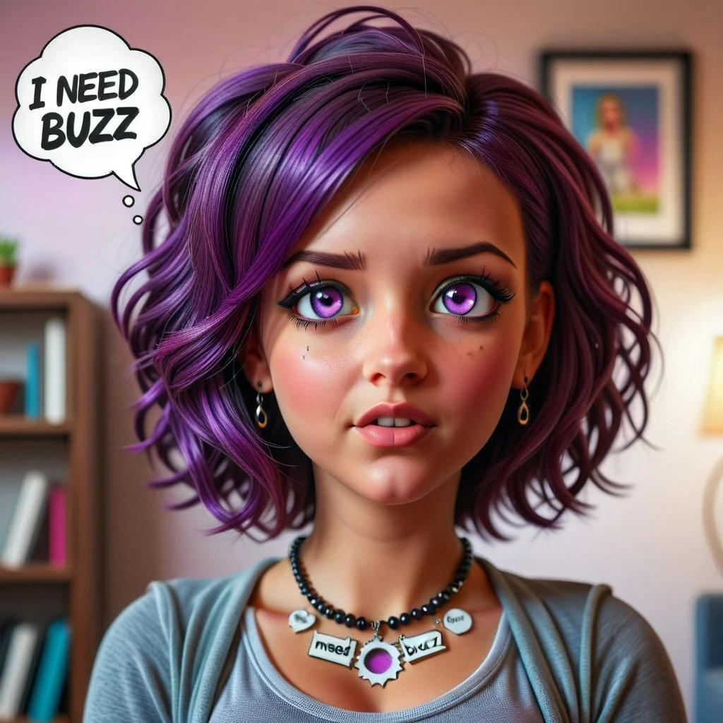 photorealistic image, a portrait of a cute girl with a necklace, purpple eyes and hair, speech bubble text "I need buzz", detailed, 90mm photography,depth of field,,sweet room home background,bokeh,Pencil_morph_style