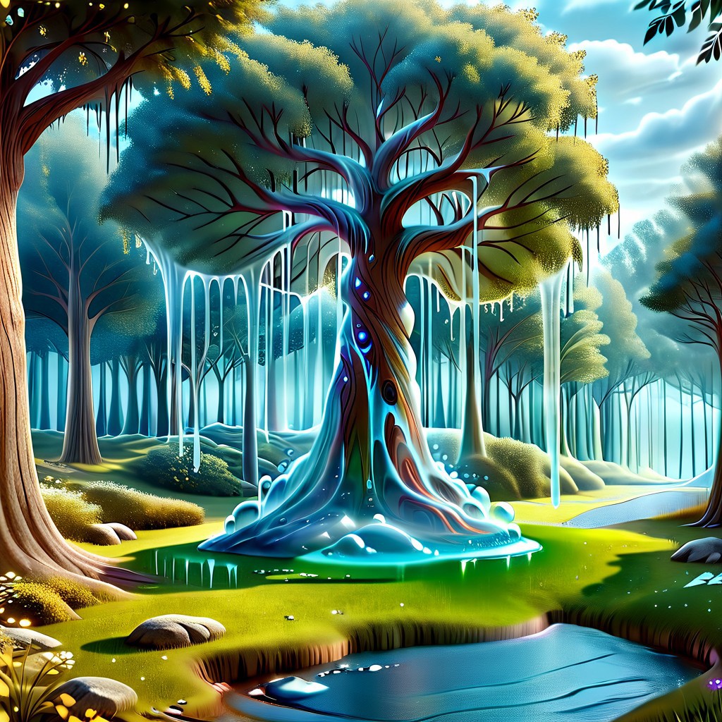 a forest made out of slime, dense-forest, Yggdrasil, a vast tree made out of slime, A large tree made out of slime, brown slime tree, translucent tree, transparent tree, 
everything made of slime, No simple background, ((slime tree)), detailed leaves, detailed bark texture, 
overcast sky, natural light, no bright spots, 
((translucent slime)), ((transparent slime)), (bioluminescent slime), sl1m3, slime, slime-morph, ais-blmn, saturated colors, no creatures, no monsters, no pokemon, scenery only, scenery, ral-lava, watce