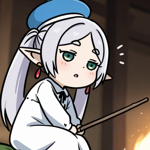 fufu,frieren,1girl,pointy ears,jewelry,earrings,green eyes,elf,hat,long hair,dress,white hair,white dress,sitting,parted bangs,drop earrings,blush,chibi,Random pose,random background,random action,facing the viewer,Holding random things,cute little animals appear randomly,=w=,<lora:fufu_20R_v3:0.3>,<lora:UltimateQB:0.5>,, solo,only one person