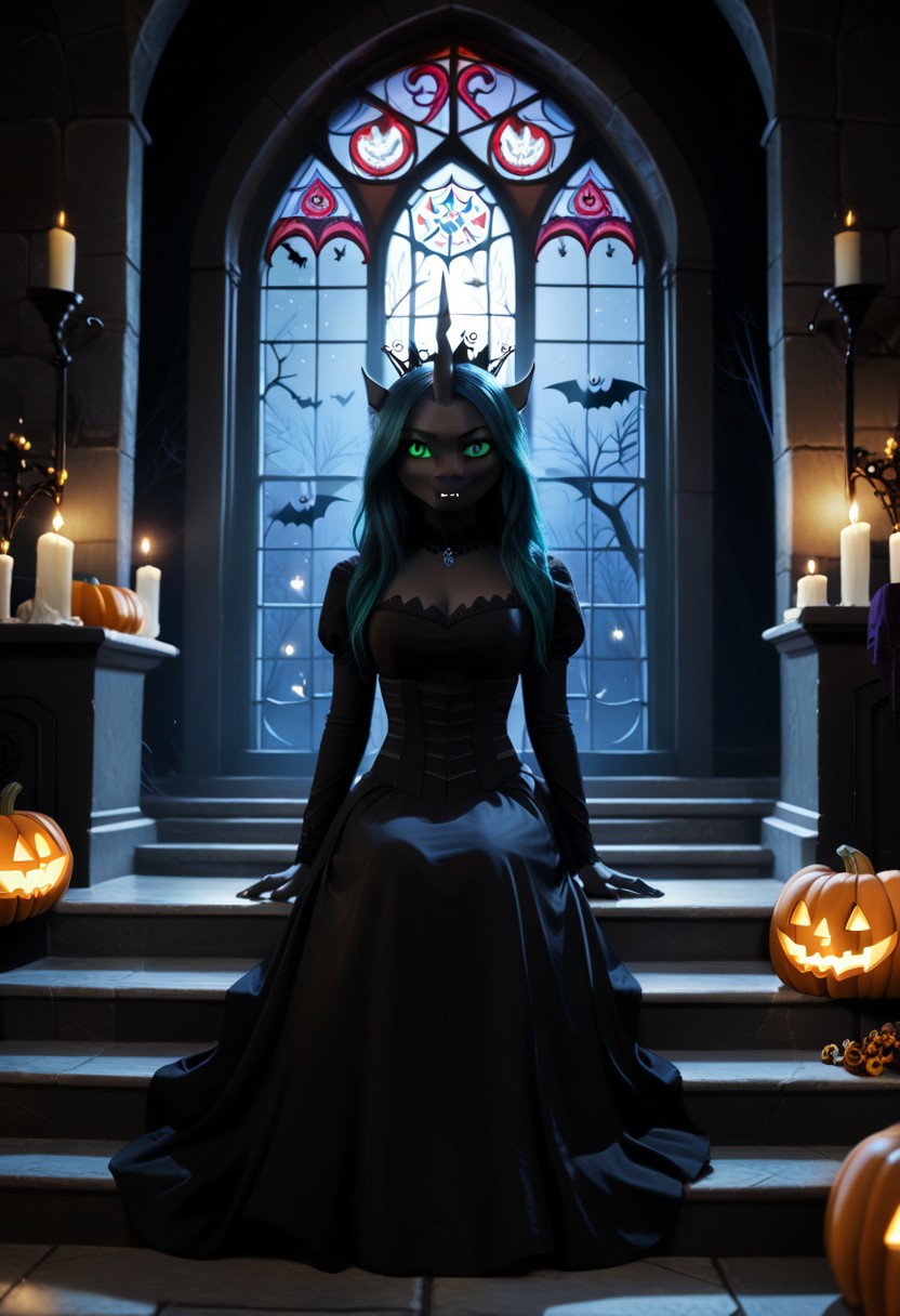 afe_pos, score_9, score_8_up, score_8, raw, source_pony, (8K), source_real, masterpiece, high quality, BREAK, (highly realistic:1,3), (realisitic face:1,4), witch, Queen Chrysalis \(mlp\), female changeling (anthro changeling:1.1), big changeling wings, unicorn changeling, wings, crown, intricate puffy black dress, royal dress, long sleeves, sitting on throne, full body, moonrays, stained glass, stairs, (dark theme, night:1.3), gothic style, medieval theme, castle, dark theme, night, (((Halloween night, Halloween decorations and motifs)))