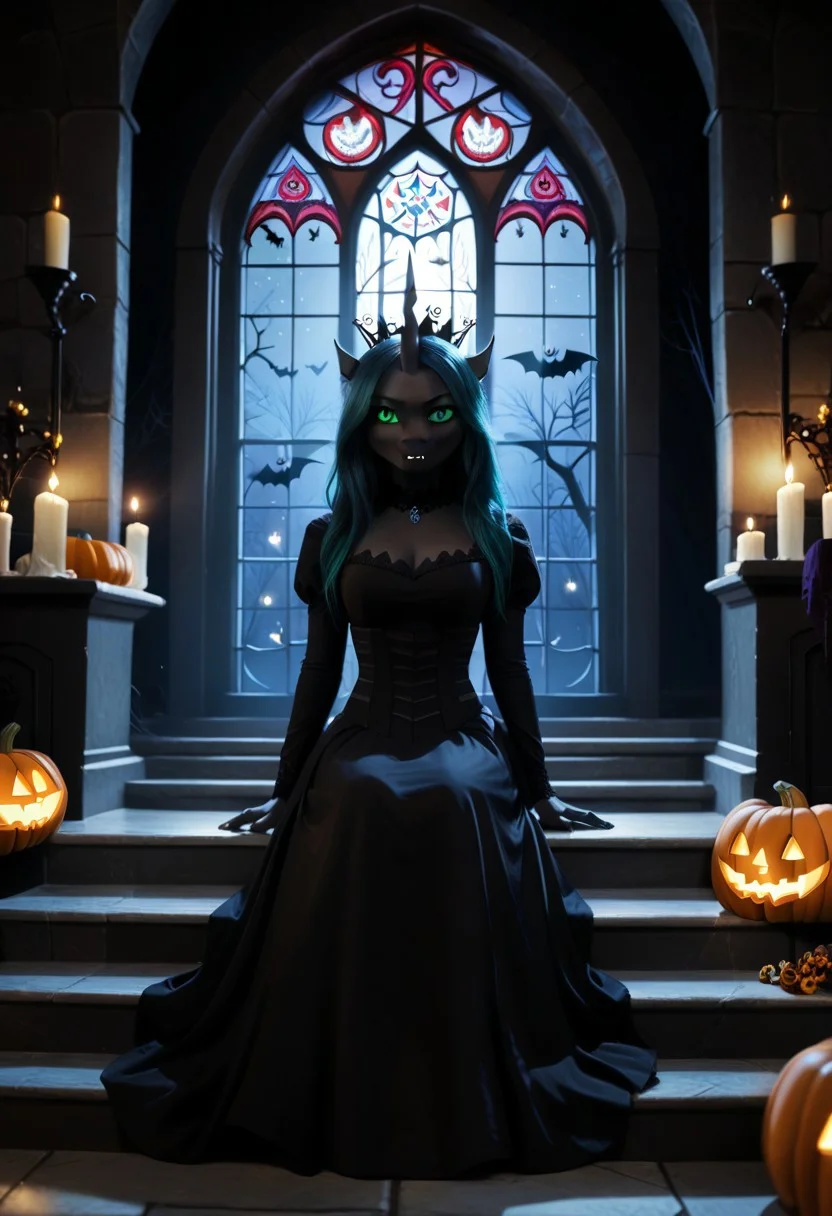afe_pos, score_9, score_8_up, score_8, raw, source_pony, (8K), source_real, masterpiece, high quality, BREAK, (highly realistic:1,3), (realisitic face:1,4), witch, Queen Chrysalis \(mlp\), female changeling (anthro changeling:1.1), big changeling wings, unicorn changeling, wings, crown, intricate puffy black dress, royal dress, long sleeves, sitting on throne, full body, moonrays, stained glass, stairs, (dark theme, night:1.3), gothic style, medieval theme, castle, dark theme, night, (((Halloween night, Halloween decorations and motifs)))