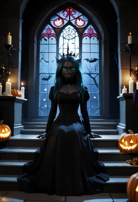 afe_pos, score_9, score_8_up, score_8, raw, source_pony, (8K), source_real, masterpiece, high quality, BREAK, (highly realistic:1,3), (realisitic face:1,4), witch, Queen Chrysalis \(mlp\), female changeling (anthro changeling:1.1), big changeling wings, unicorn changeling, wings, crown, intricate puffy black dress, royal dress, long sleeves, sitting on throne, full body, moonrays, stained glass, stairs, (dark theme, night:1.3), gothic style, medieval theme, castle, dark theme, night, (((Halloween night, Halloween decorations and motifs)))