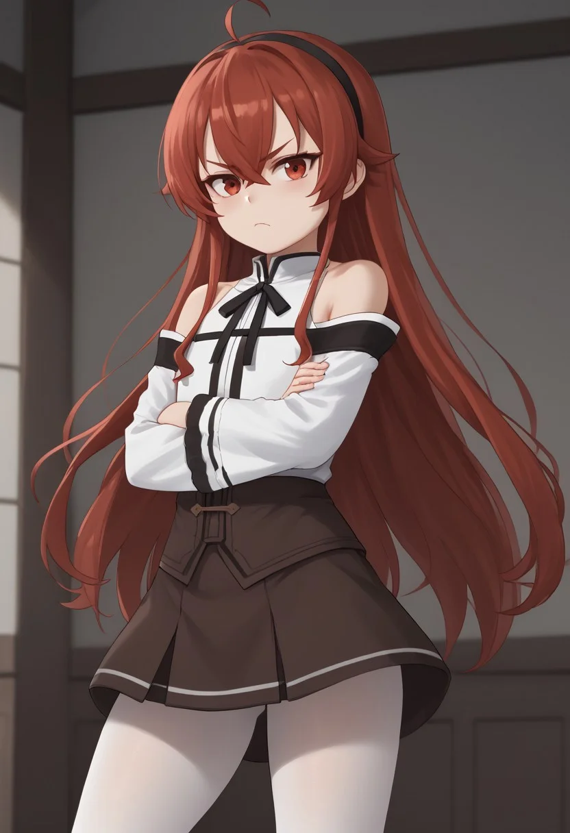 1girl, solo, eris greyrat, ahoge, hair between eyes, long hair, red eyes, red hair, sidelocks,
flat chest, black hairband, black ribbon, brown skirt, hairband, long sleeves, neck ribbon, pantyhose, ribbon, shirt, shoulder cutout, skirt, white pantyhose, white shirt, wide sleeves, crossed arms, pout, looking at viewer, legs apart, standing