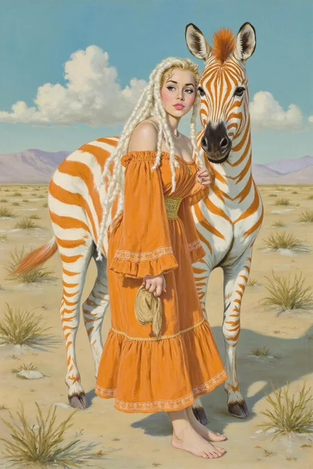 cobyw1 illustration
a woman and a zebra against a vast, arid landscape under a bright, sunny sky. The woman, with long, flowing dreadlocks dyed in a gradient from white to a vibrant orange, is dressed in an off-shoulder, long-sleeved, orange dress made of a textured fabric that appears to be a blend of cotton and silk. The dress has a ruffled hem and intricate embroidery along the neckline and sleeves. She is leaning affectionately against the zebra, which has striking white and orange stripes, creating a harmonious blend of colors. The zebra's mane is also dyed orange, matching the woman's hair. The woman's skin tone is light, and her eyes are accentuated with subtle makeup, giving her a natural yet striking appearance. The background consists of a vast, sunlit landscape with dry, sandy terrain and sparse vegetation, indicating a desert environment. The sky is mostly clear with a few scattered clouds, suggesting a bright, clear day. <lora:cobyw1_cap_d6a3e12:1.0><lora:818769634762391236:0>