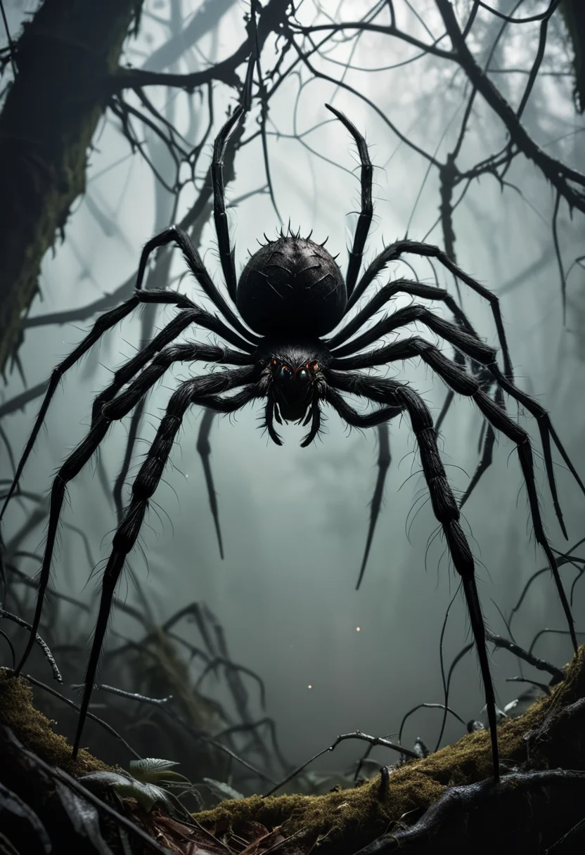 (medium full shot) of (menacing spider) with a black furry abdomen, medium size, spiky legs with sharp claws, sparkling web, decorative web, located in a dense forest, with thick webs hanging from branches, eerie shadows, and a foggy ambiance, ,Masterpiece,best quality, raw photo, realistic, very aesthetic, dark