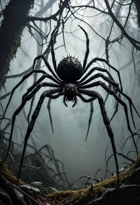 (medium full shot) of (menacing spider) with a black furry abdomen, medium size, spiky legs with sharp claws, sparkling web, decorative web, located in a dense forest, with thick webs hanging from branches, eerie shadows, and a foggy ambiance, ,Masterpiece,best quality, raw photo, realistic, very aesthetic, dark