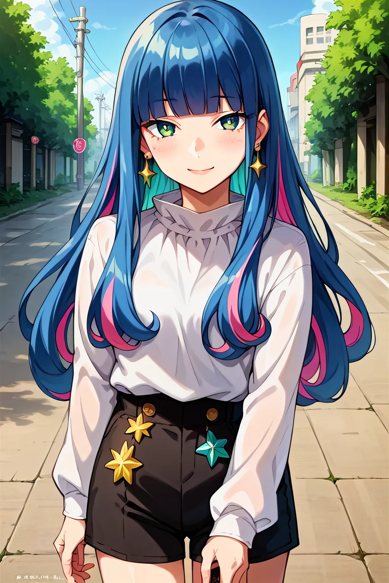 score_9, score_8_up, score_7_up, score_6_up, score_5_up, score_4_up, rating_questionable, , source_anime, digital illustration, pixiv, fanbox, uncensored, , BREAK, official art,
1girl, solo, female, eida, blue hair, blunt bangs, colored colored inner hair, long hair, earrings, long sidelocks,
white shirt, long sleeves, black shorts, star \(symbol\), jewelry, outdoors, light smile, blush, cowboy shot, looking at viewer, colorful, vivid <lora:Eida_Pony-10:0.8>