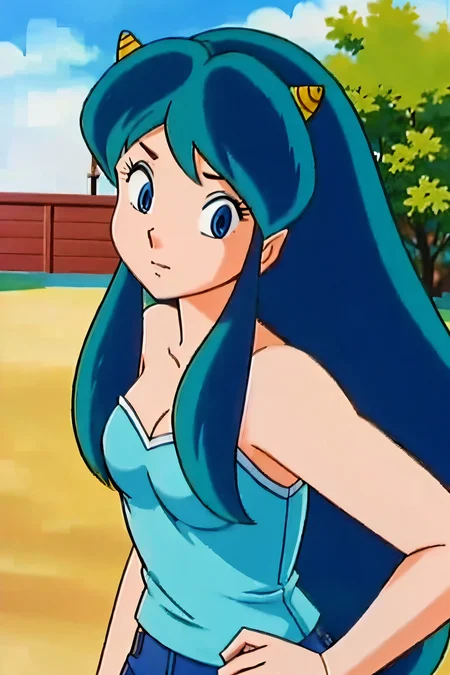 (Realistic:1.5) solo, long hair, blue eyes, green hair, horns, Shorts and a tank top<lora:EdobUruseiYatsura1981_v3.0:0.8>