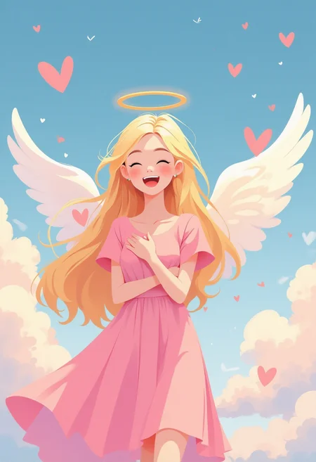 anime, cartoon, 2d flat illustration, and when you smile angels sing from above, everyday words seem to turn into love songs