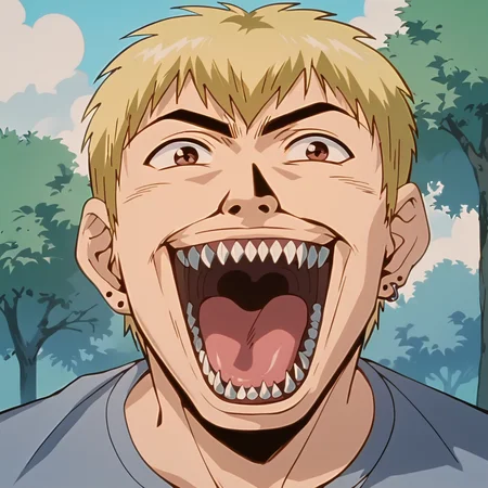 score_9, score_8_up, score_7_up, source_anime BREAK Ekiti Onizuka, muscular, blonde hair, brown eyes, short hair, ear piercing, t-shir, cargo pants, <lora:Ekiti_OnizukaSDXL:1>,meme, meme face, wide face, laughing, meme very big and sharp teeth, mouth open, cheek up, portrait, masterpiece, 4k, best quality