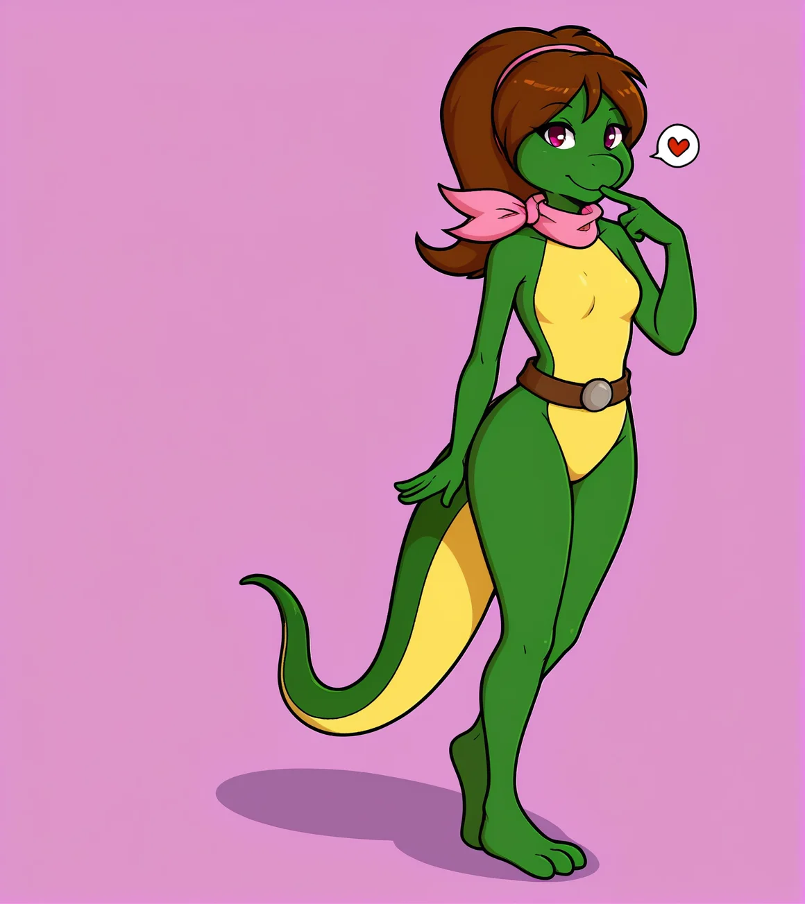 monalisatmnt, 1girl, solo, green skin, belt, pink scarf, tail, hairband, full body, looking at viewer, finger on mouth, small breasts, spoken heart, purple background, pink background, <lora:Mona_Lisa_TMNT_1987:1>