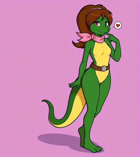 monalisatmnt, 1girl, solo, green skin, belt, pink scarf, tail, hairband, full body, looking at viewer, finger on mouth, small breasts, spoken heart, purple background, pink background, <lora:Mona_Lisa_TMNT_1987:1>