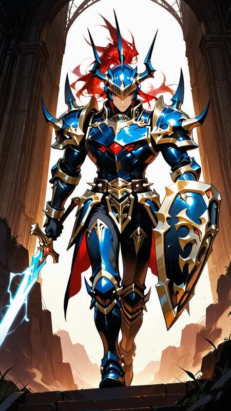 IllusP0s_1097608, (masterpiece), (best quality), (ultra-detailed), amazing quality, very aesthetic, illustration, perfect composition, intricate details, absurdres, incredibly absurdres, BREAK,1 male,
<lora:Black_Luster_Soldier_yugioh:0.8>, long hair, red hair, red eyes, helmet, horned helmet, armor, shoulder armor, holding sword, hold shield, spikes,spikes armored boots, sword,long sword,long single braid, Black Luster Soldier , on a film set From a mid-angle, keeping the subject level with the camera high-contrast lighting raising a stormbringer sword, thunder rumbling in response cropped shoulders