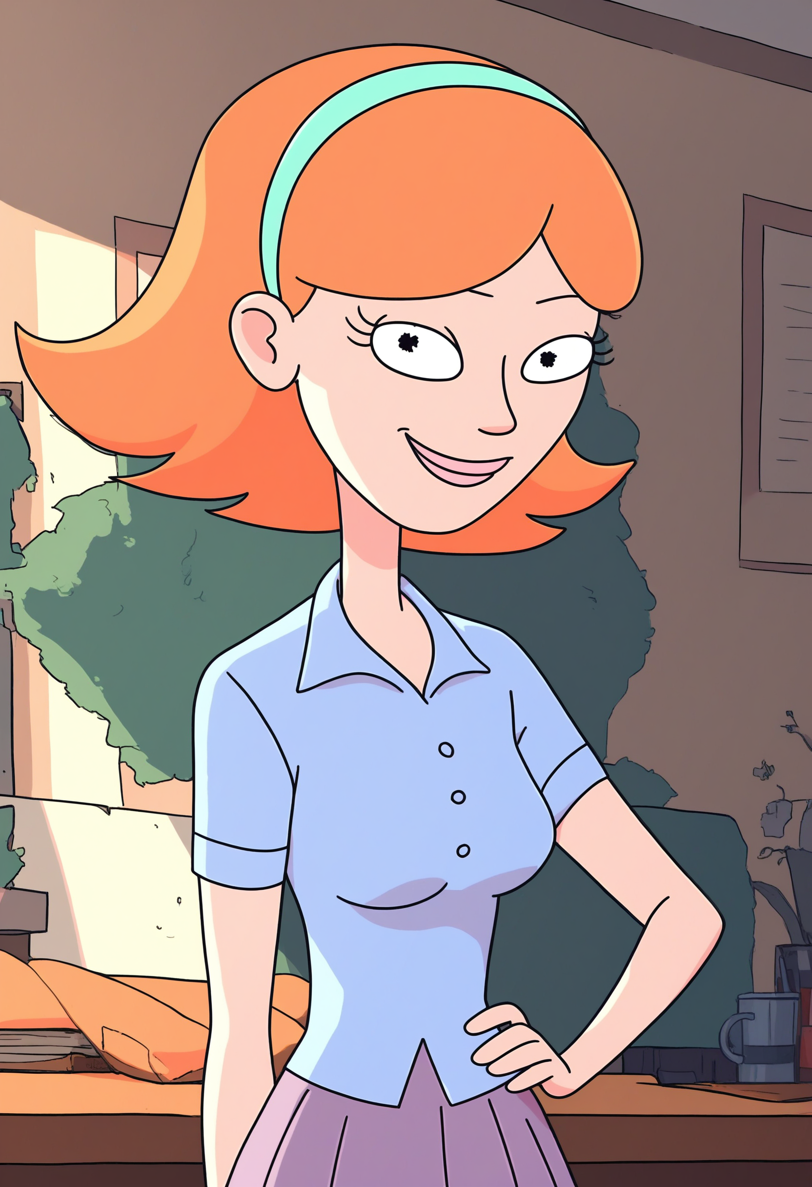 jessica, hairband, 1girl, orange hair, solo, short hair, shirt, breasts, skirt,smile,  smile, looking at viewer, hand on own hip, score_9, score_8_up, score_7_up, score_6_up, score_5_up, score_4_up upper body,indoors, <lora:JessicaRMPony1.0:1>  zPDXL