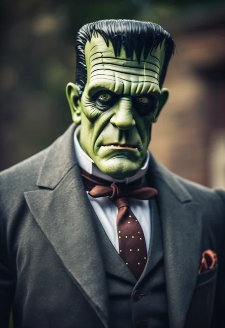 Frankenstein, looking dapper in a custom fitted suit, very suave, beautifully manicured, high quality image, shallow depth of field