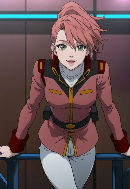 masterpiece, best quality, good quality, <lora:GTBBianca:1>, GTBBianca, 1girl, ponytail, pink hair, green eyes, pink lips, breasts,
pink military uniform, white turtleneck, black belt, white pants,
looking at viewer, standing, crossed legs, leaning forward, hands on handrail, open mouth, smile, 
BREAK indoors, hangar, dim lighting, bright background,