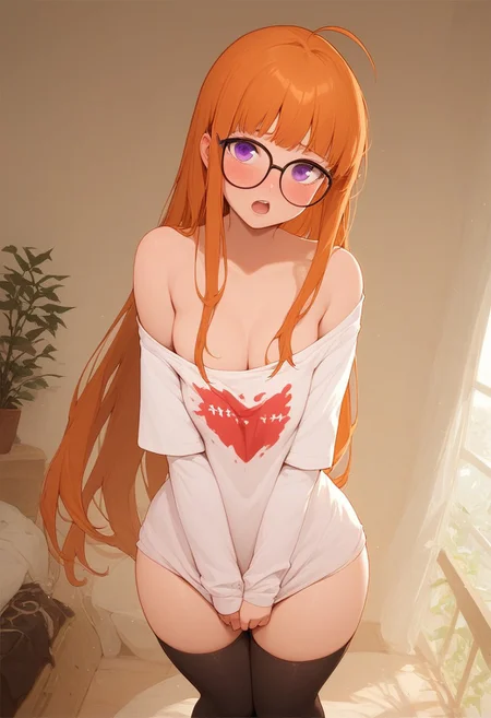 score_9, score_8_up, score_8_up,futaba sakura, orange hair, long hair, purple eyes, ahoge, glasses, black thighhighs, off shoulder, off-shoulder shirt, shirt, t-shirt, thighhighs, indoors, bedroom, cinematic scenery, pose, blush, standing up, looking at viewer, knock-kneed, knees closed, medium full shot, open mouth, very revealing, revealing lots of skin, chest, covered boobs, flustered, breast lines, holding shirt
