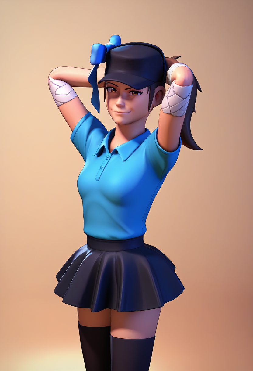 score_9, score_8_up, score_7_up, source_anime, 3d, solo, 1girl, femscout, smug, looking at viewer, arms behind head, ponytail, baseball cap, hat bow, blue bow, blue shirt, skirt, black thighhighs, bandages <lora:tf2_femscout_ponyXL:1>
