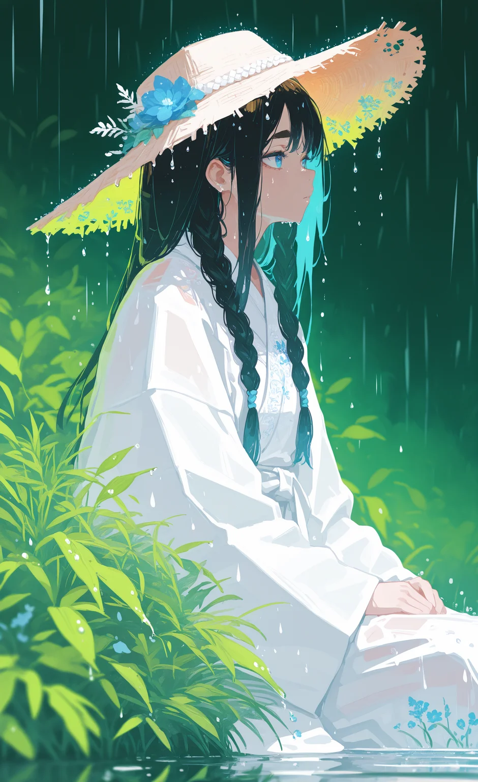 masterpiece,best quality,amazing quality, 1girl, long hair, black hair, front braids, hair behind ear, loose hair strands, thick eyebrows, blue eyes, detailed eyes, traditional white outfit, white kimono, intricate colorful embroidery, floral lining, traditional straw hat adorned with blue flowers, sitting in the rain, melancholic, thoughtful expression, raindrops falling gently, wet grass, wet leaves, soft lighting. water drops, reflective water drops, green nature background, depth of field, serene, introspective atmosphere, cinematic composition, highly detailed, rich color palette, vibrant tones, earthy tones, view from the side, looking away, h4ra_illu, <lora:ponyv6_noobE11_2_adamW-000017:0.3> <lora:XXX667:0.5> <lora:96YOTTEA-WAI:0.5> <lora:hara_id_21:0.8>