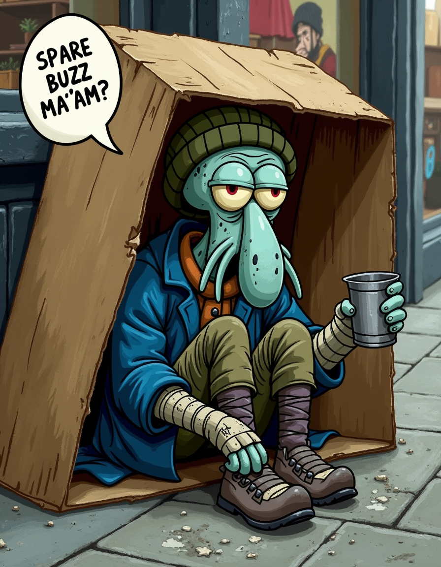 Renaissance painting style, Squidward sitting underneath a large tipped over cardboard box by the city sidewalk as a dirty beggar, extending out a metal cup as if to beg for money, dirty blue jacket, black soot on face and nose, tentacles, cloth arm bandages, olive green beanie,  his text bubble says ''SPARE BUZZ MA'AM? '' <lora:Squidward:0.5>