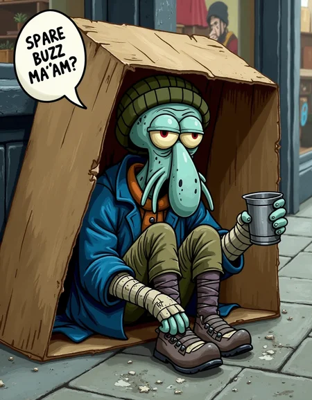 Renaissance painting style, Squidward sitting underneath a large tipped over cardboard box by the city sidewalk as a dirty beggar, extending out a metal cup as if to beg for money, dirty blue jacket, black soot on face and nose, tentacles, cloth arm bandages, olive green beanie, his text bubble says ''SPARE BUZZ MA'AM? '' <lora:Squidward:0.5>