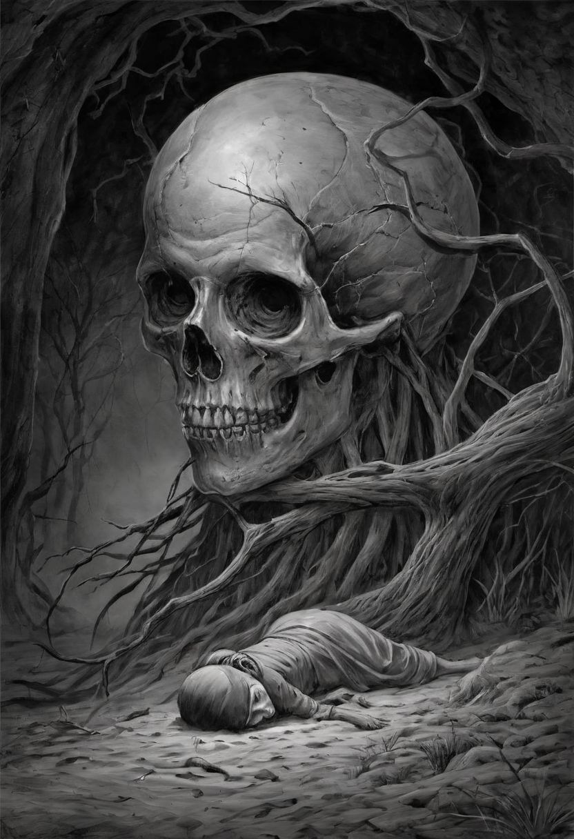 Along the margin-sand large foot-marks went, No further than to where his feet had stray'd, And slept there since Upon the sodden ground, His old right hand lay nerveless listless dead, Unsceptred and his realmless eyes were closed, While his bow'd head seem'd list'ning to the Earth, His ancient mother for some comfort yet, dark art, dim light, somber, dramatic, high quality, detailed