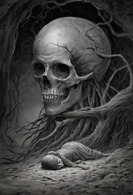 Along the margin-sand large foot-marks went, No further than to where his feet had stray'd, And slept there since Upon the sodden ground, His old right hand lay nerveless listless dead, Unsceptred and his realmless eyes were closed, While his bow'd head seem'd list'ning to the Earth, His ancient mother for some comfort yet, dark art, dim light, somber, dramatic, high quality, detailed