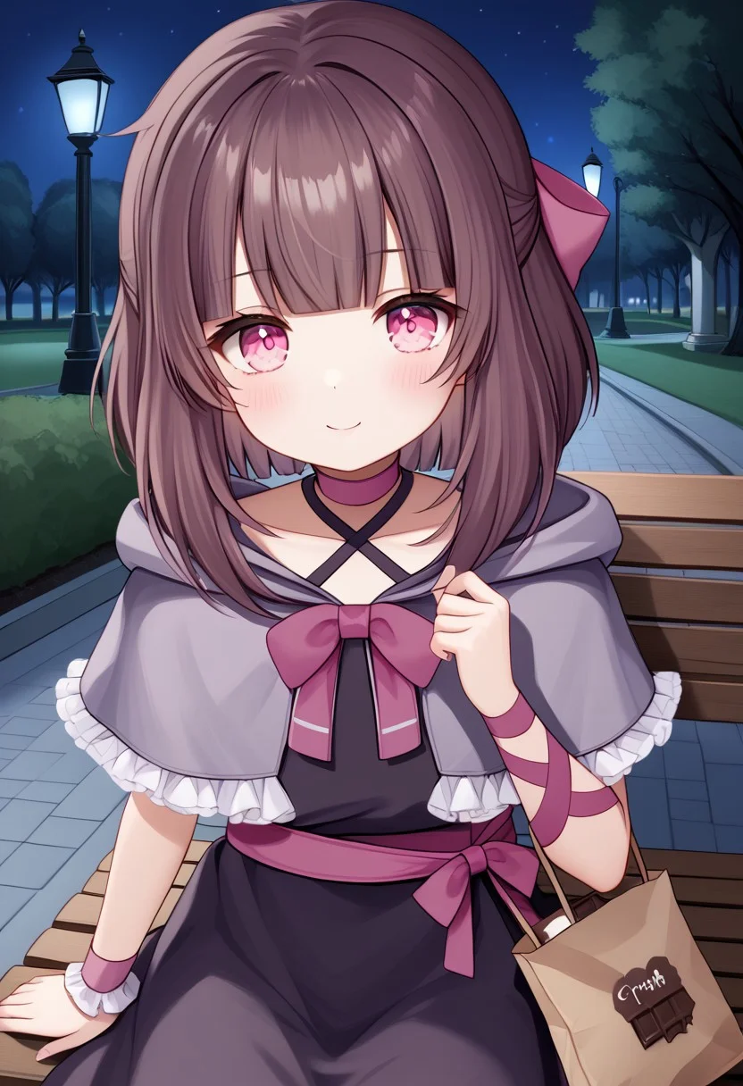 1girl, solo, solo focus, highres, absurdres, Shondo1st, bangs, pink eyes, hair bow, brown hair, medium hair, petite, sidelocks, flat chest,
black dress, criss-cross halter, frilled dress, waist bow, pink bow, single wrist cuff, arm ribbon, pink ribbon, pink choker, chocolate, food-themed clothes, collarbone, grey capelet, hooded capelet, hood down,
looking at viewer, sitting, holding, paper bag,
park, park bench, night, night sky, dark, backlighting, silhouette,