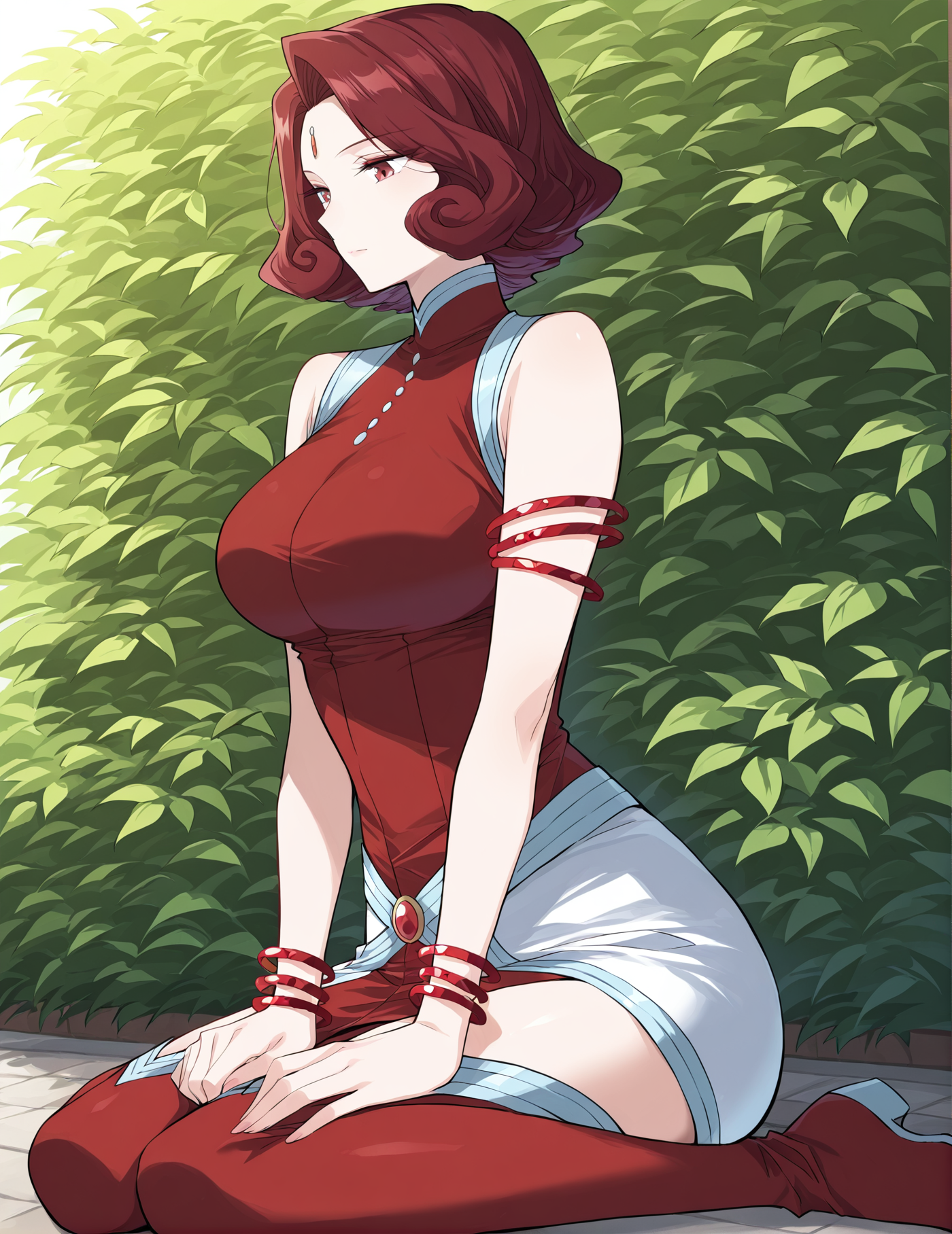 <lora:Xuan_Yi__Battle_Through_the_Heavens__Illustrious:1>
1 girl, solo, mature female, red hair, short hair, wavy hair, curled hair, ahoge, red eyes, red and white dress, high slit dress, sleeveless, gemstone accessory, leg slit, elegant dress, thigh boots, red boots, futuristic jewelry, glowing bracelets, asymmetrical skirt
score_9, score_8_up, score_7_up, masterpiece, best quality, absurdres, perfect anatomy, 1girl, solo, wariza, sitting, hands on own knees, garden background
