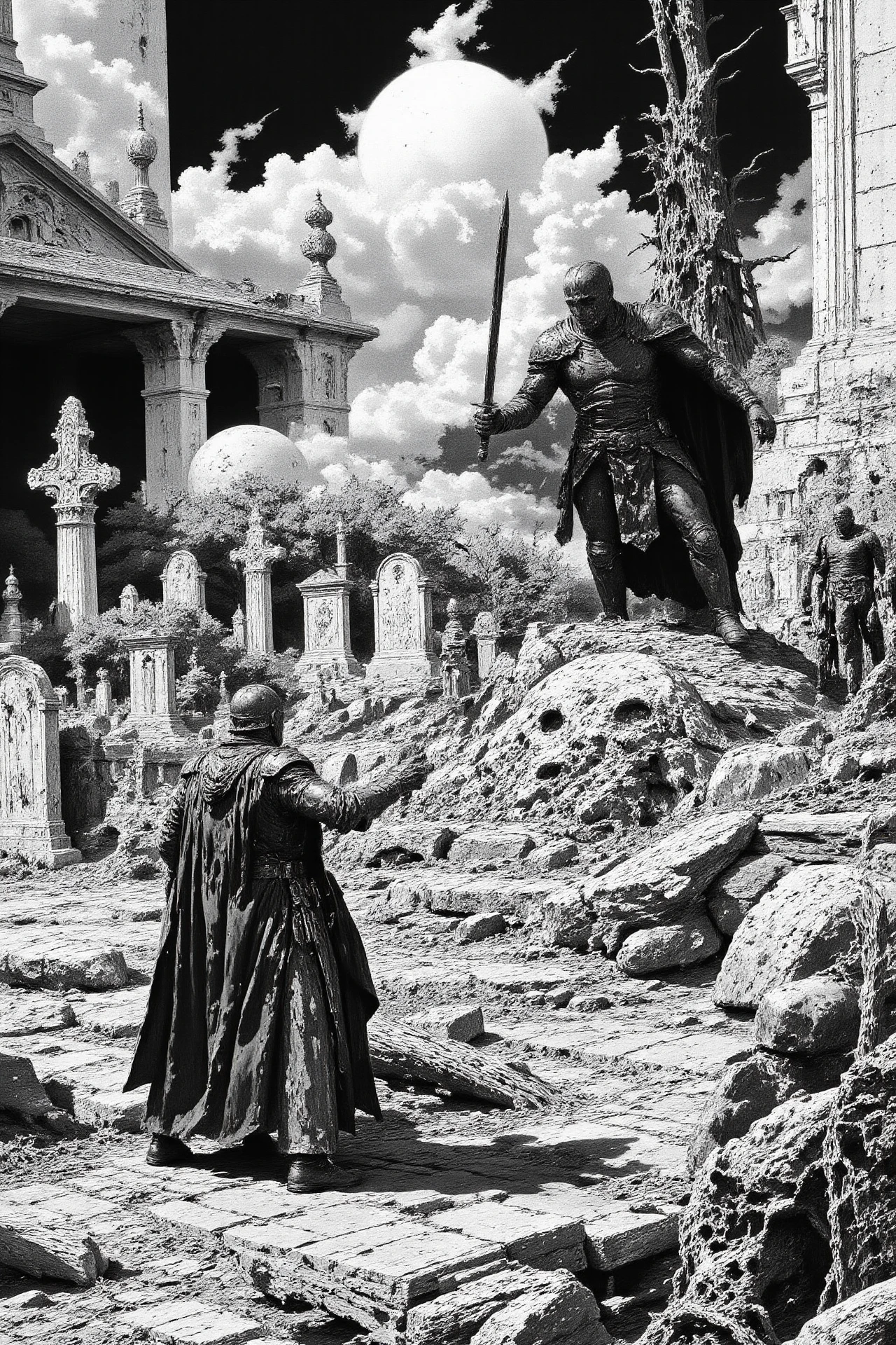 terror horror fantasy landscape, graveyard, comics, very detailed medieval warrior  holding a sword fighting against a group of esquletons, vampires and monsters, (multilayer paint splash style),  <lora:Hand v2:1> <lora:Anti-Blur:1> <lora:Insane Detail Slider:0.5>   <lora:Flux.1_Turbo_Detailer:0.6>   <lora:flux-photo-transparent_Alpha_1.0:0.8> <lora:flux.1_lora_flyway_Epic-detail_v2:1>   <lora:FluxMythP0rtr4itStyle:0.8> mythp0rt <lora:zy_Dark_Fantasy_Flux:0.5> <lora:Wraith_BW_Flux:0.2> B&W
