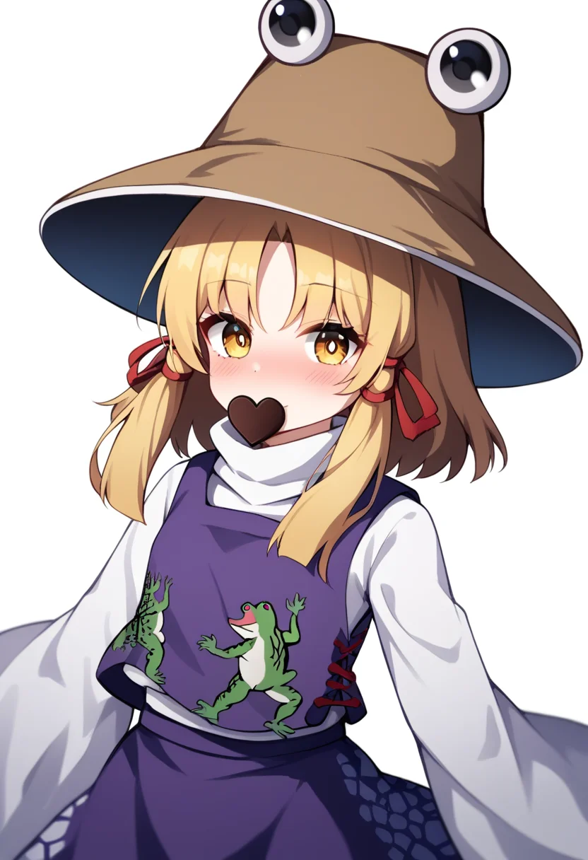 score_9,score_8_up,score_7_up,<lora:touhou_146:1>,1girl, :>, absurdres, animal_print, blonde_hair, blush, brown_hat, candy, chocolate, closed_mouth, food, food_in_mouth, frog, frog_print, hair_ornament, hair_ribbon, hat, heart, heart-shaped_chocolate, highres, horizontal_pupils, long_hair, long_sleeves, looking_at_viewer, moriya_suwako, nose_blush, parted_bangs, purple_skirt, purple_vest, red_ribbon, ribbon, shirt, simple_background, skirt, skirt_set, solo, turtleneck, upper_body, valentine, vest, white_background, wide_sleeves, yellow_eyes
