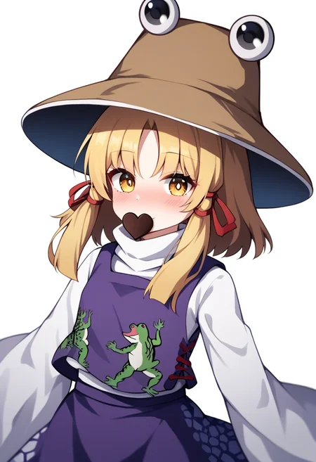 score_9,score_8_up,score_7_up,<lora:touhou_146:1>,1girl, :>, absurdres, animal_print, blonde_hair, blush, brown_hat, candy, chocolate, closed_mouth, food, food_in_mouth, frog, frog_print, hair_ornament, hair_ribbon, hat, heart, heart-shaped_chocolate, highres, horizontal_pupils, long_hair, long_sleeves, looking_at_viewer, moriya_suwako, nose_blush, parted_bangs, purple_skirt, purple_vest, red_ribbon, ribbon, shirt, simple_background, skirt, skirt_set, solo, turtleneck, upper_body, valentine, vest, white_background, wide_sleeves, yellow_eyes