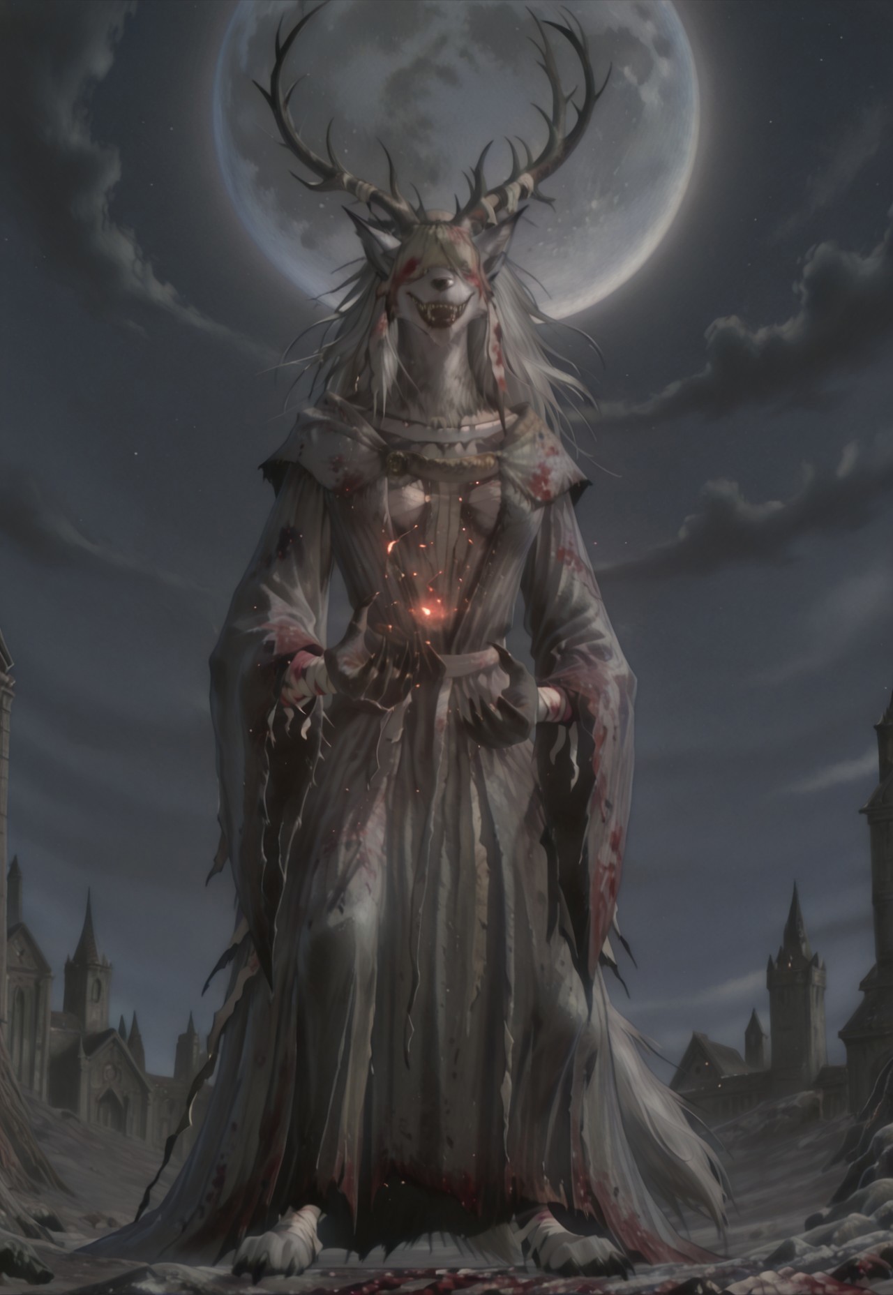 1girl, blood borne Vicar Amelia, a massive beast woman, ash grey and white fur, tattered white church garb, twisted antlers, claws, digitigrade, worn out body bandages, long furry ears, sharp teeth
kftenhance,, casting magic, wind magic, floating hair, floating robe, windy, action, upper body, night, sky, moon, particle effects  masterpiece, best quality, absurdres, retro artstyle, 1990s (style), rolstyle,,,tes4oblivion,3d