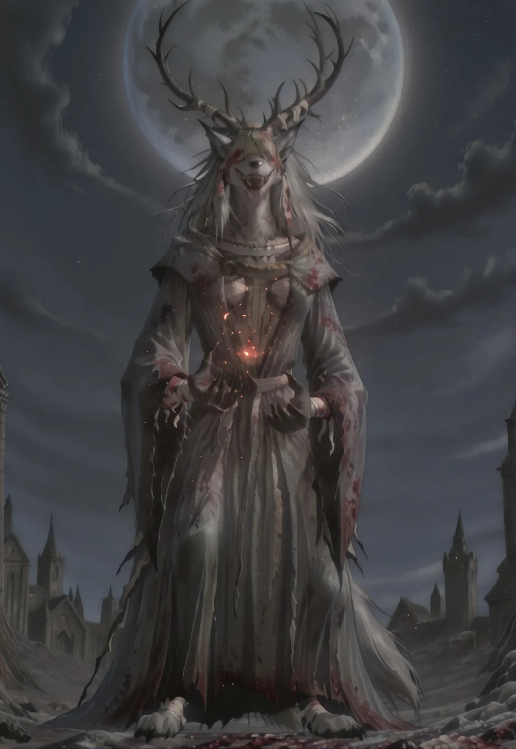 1girl, blood borne Vicar Amelia, a massive beast woman, ash grey and white fur, tattered white church garb, twisted antlers, claws, digitigrade, worn out body bandages, long furry ears, sharp teeth
kftenhance,, casting magic, wind magic, floating hair, floating robe, windy, action, upper body, night, sky, moon, particle effects masterpiece, best quality, absurdres, retro artstyle, 1990s (style), rolstyle,,,tes4oblivion,3d