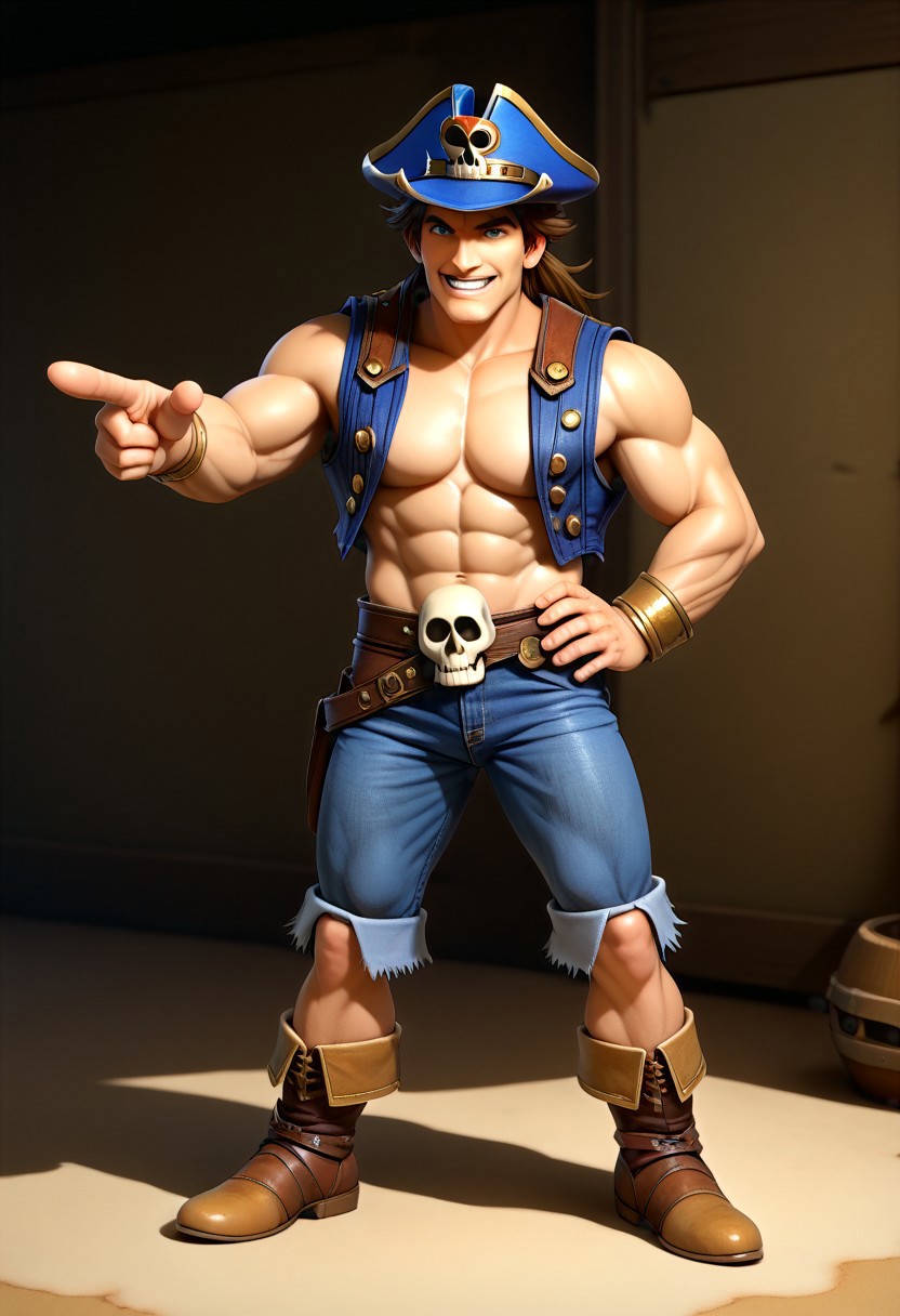 score_9, score_8_up, score_7_up, score_6_up, mariorpgstyle, 1boy, male, muscular, (full body view:2), simon belmont, simonbel, abs, sleeveless blue coat, shirtless, blue pirate hat, denim jeans, leather boots, sunny, blue skies, on ship, leg rest, hand on hip, pointing hand, smile, teeth, skull print