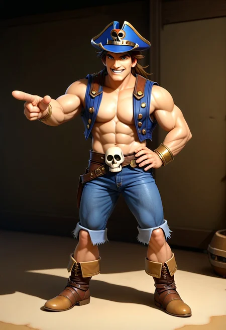 score_9, score_8_up, score_7_up, score_6_up, mariorpgstyle, 1boy, male, muscular, (full body view:2), simon belmont, simonbel, abs, sleeveless blue coat, shirtless, blue pirate hat, denim jeans, leather boots, sunny, blue skies, on ship, leg rest, hand on hip, pointing hand, smile, teeth, skull print
